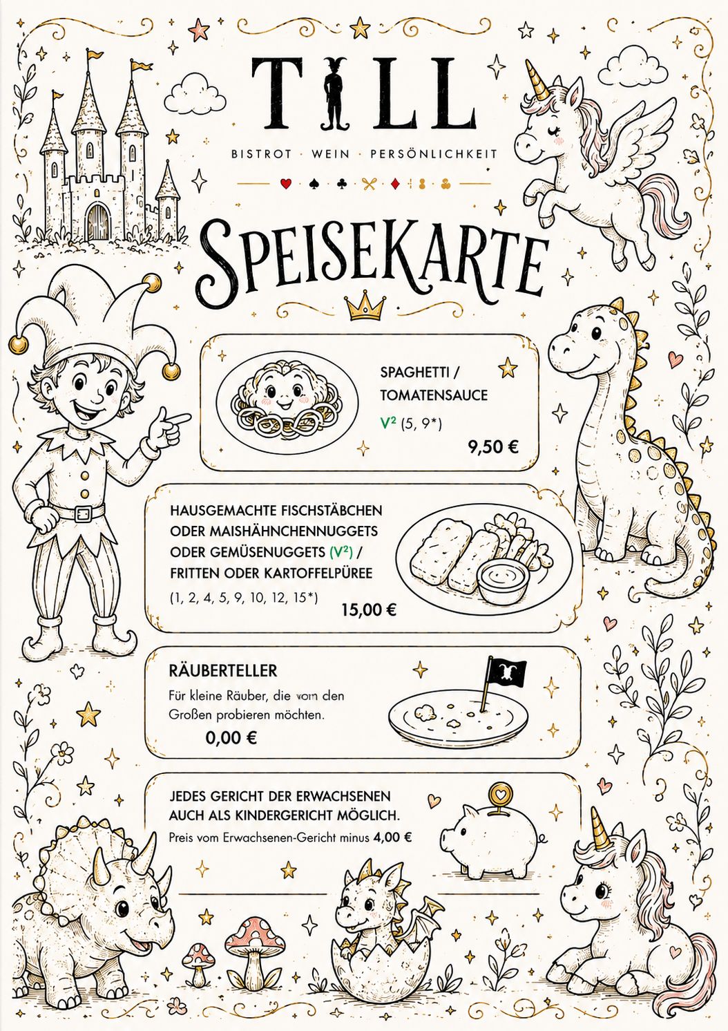 Illustrierte TILL-Speisekarte mit gezeichneten Motiven